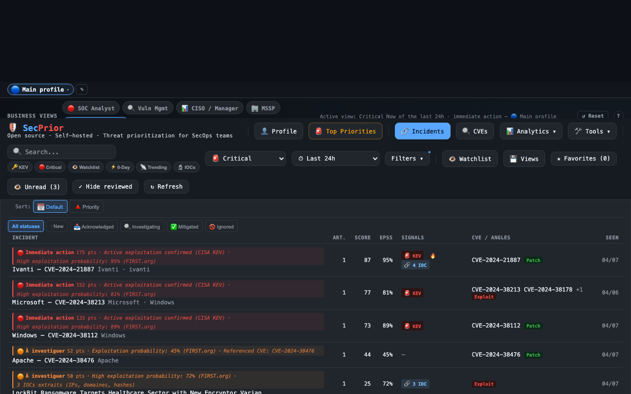 Correlated incidents view with scores, EPSS, CVEs and vendor attribution